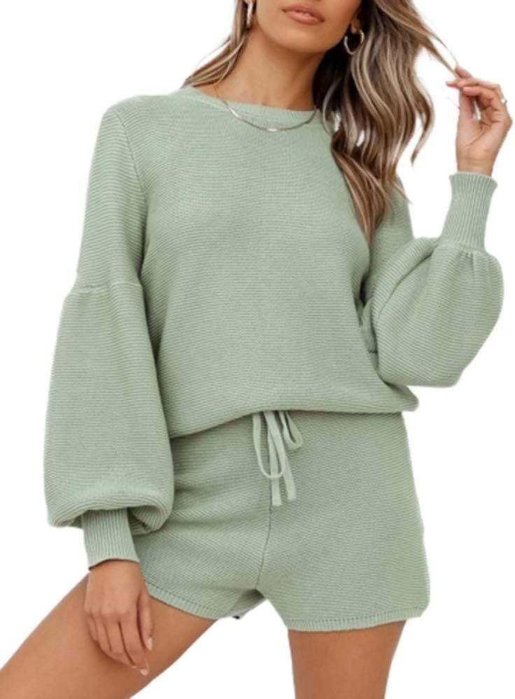 JOYCHEER Womens Two Piece Outfits Long Sleeve Knit Rompers Sweater with Drawstring Beach Shorts | Amazon (US)