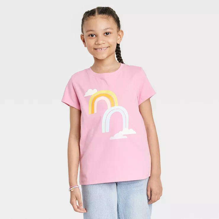 Girls' Rainbow Short Sleeve Graphic T-Shirt - Cat & Jack™ Bright Pink | Target