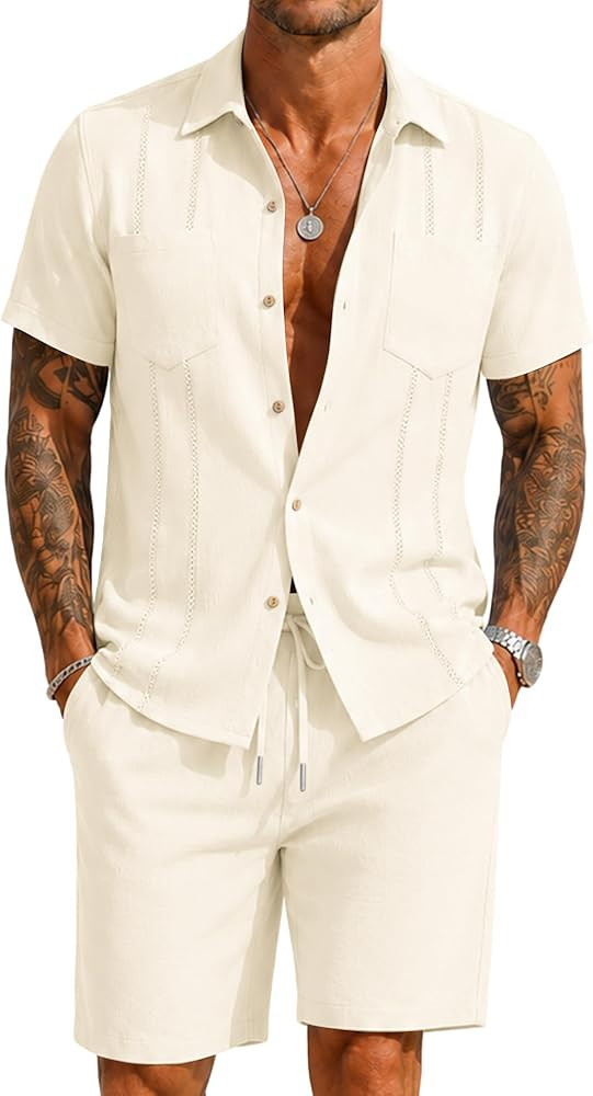 UOUA Men\u2019s 2 Piece Short Set Summer Texture Beach Outfits Short Sleeve Shirts and Shorts Cas... | Amazon (US)