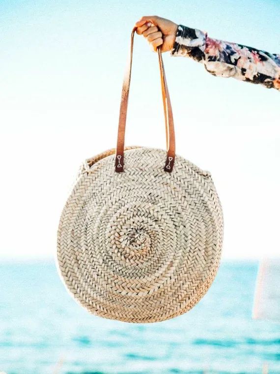 Round Straw Bag with Leather Straps - Handmade Round straw Basket, Summer Tote, Round French Market  | Etsy (US)