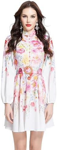LAI MENG FIVE CATS Women's Lantern Sleeve Floral Print Button up Casual A-line Mini Dress | Amazon (US)