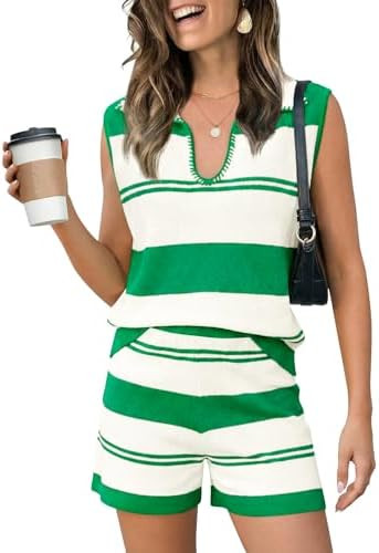 Tankaneo Womens 2 Piece Stiped Short Sets Summer Sweater Matching Outfits | Color Block,V Neck La... | Amazon (US)