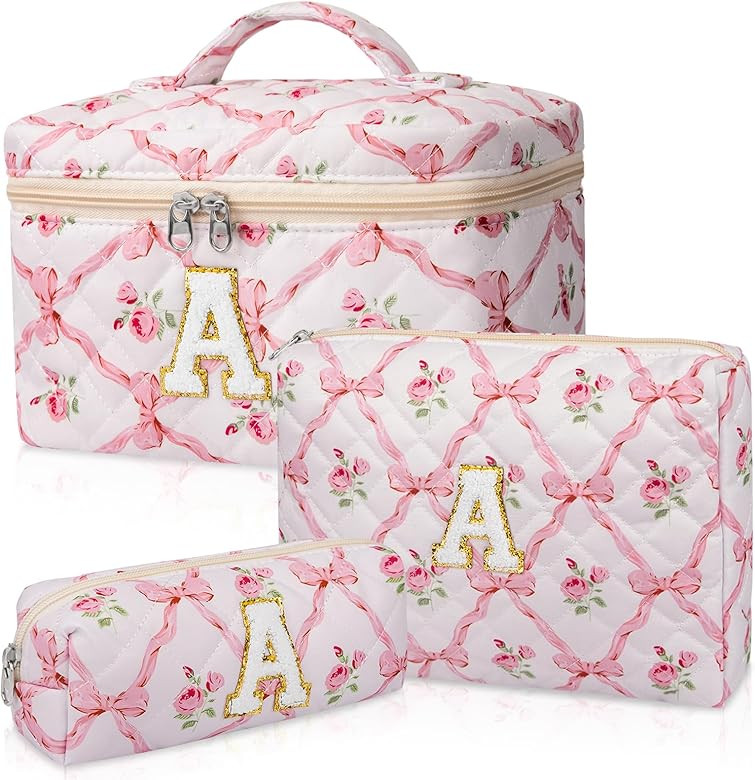 Personalized Initial Makeup Bag Set, Quilted Makeup Bag, Large Floral Cosmetic Bag for Women, Cut... | Amazon (US)