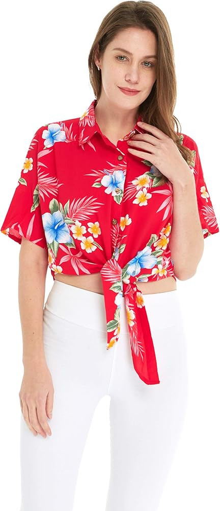 Women's Hawaiian Tie Front Crop Top Aloha Shirt in Wispy Cereus | Amazon (US)