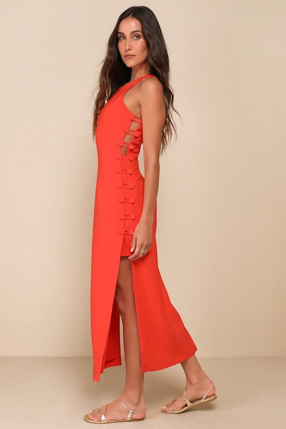 Masterfully Mod Bright Orange Side Button Midi Dress | Lulus