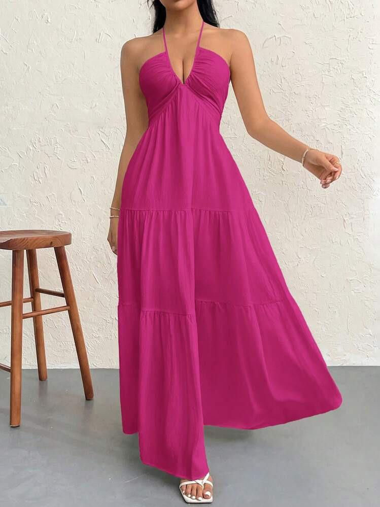 Firerie Women's Chiffon Halter Backless Long Dress With Tie-Up Back, For Vacation, Wedding, Events,Sun Dress | SHEIN