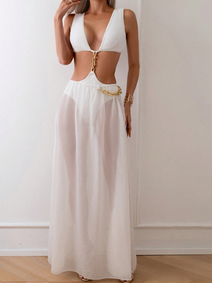 SHEIN Swim BAE Maiô Feminino De Uma Peça Com Design Recortado Em Corrente E Saia De Cobertura | SHEIN