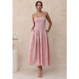 Flower Eyelet Gingham Shirred Cami Dress in Pink | Chicwish