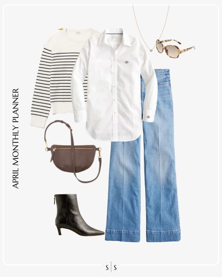 Monthly outfit planner: APRIL: Spring looks | trouser jeans, white button up, striped sweater, ankle boots, sling bag 

See the entire calendar on thesarahstories.com ✨ 


#LTKstyletip