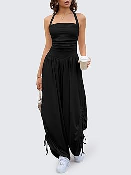 Fisoew Womens Casual Jumpsuits Summer Halter Straps Sleeveless Overalls Ruched Barrel Wide Leg Si... | Amazon (US)