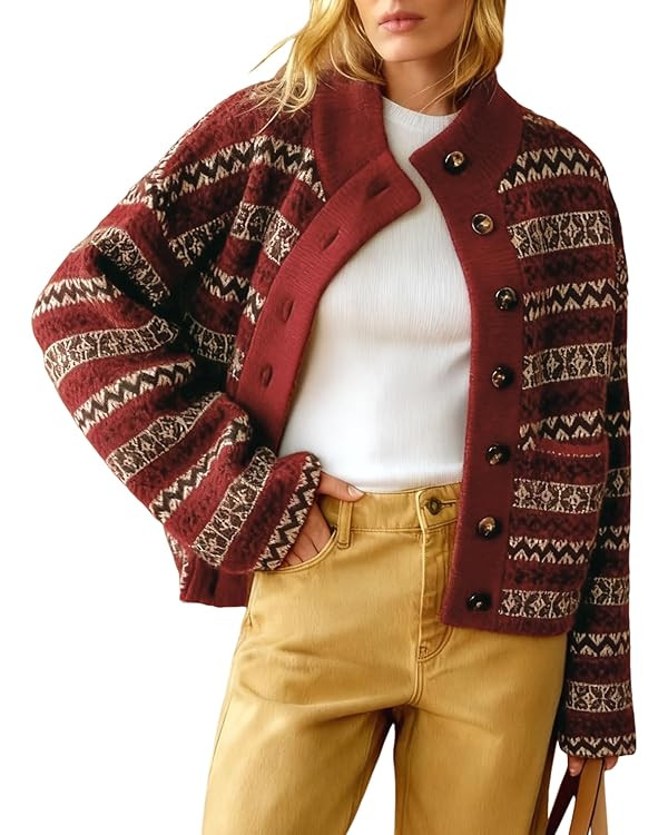 Arssm Womens Button Up Cardigan Sweater Crewneck Jacquard Knit Long Sleeve Color Block Cardigan J... | Amazon (US)