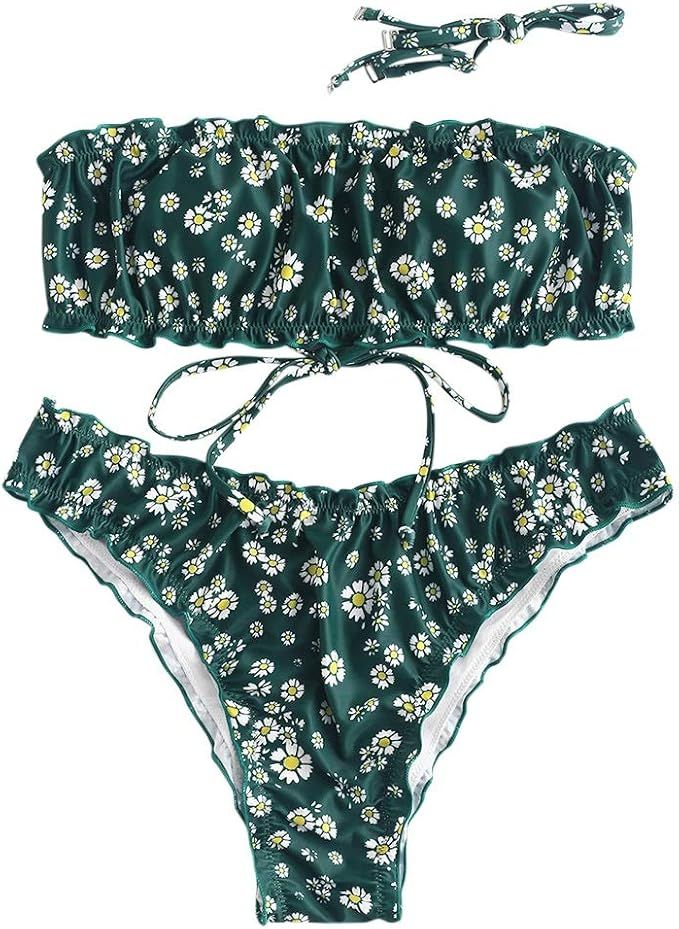 ZAFUL Women Swimsuit Smocked Frilled Bathing Suit Daisy Tie Dye Bikini Set | Amazon (US)