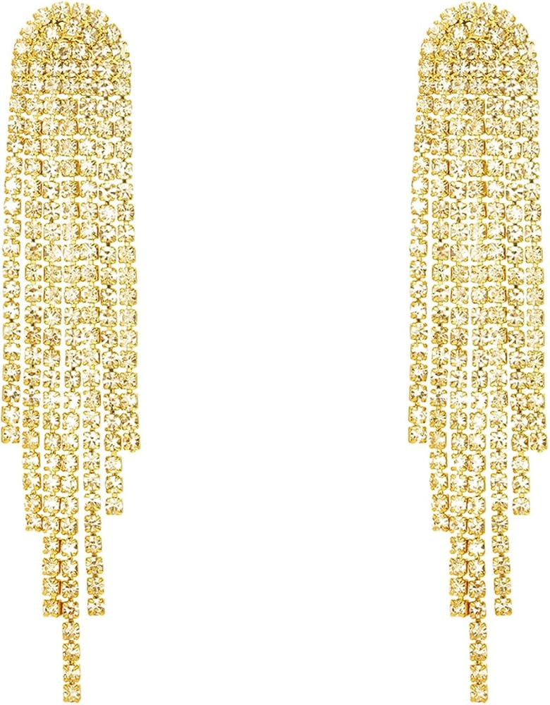 Rhinestone Tassel Earrings, Long Sparkly Statement Chandelier Earrings Trendy Iridescent Earrings... | Amazon (US)