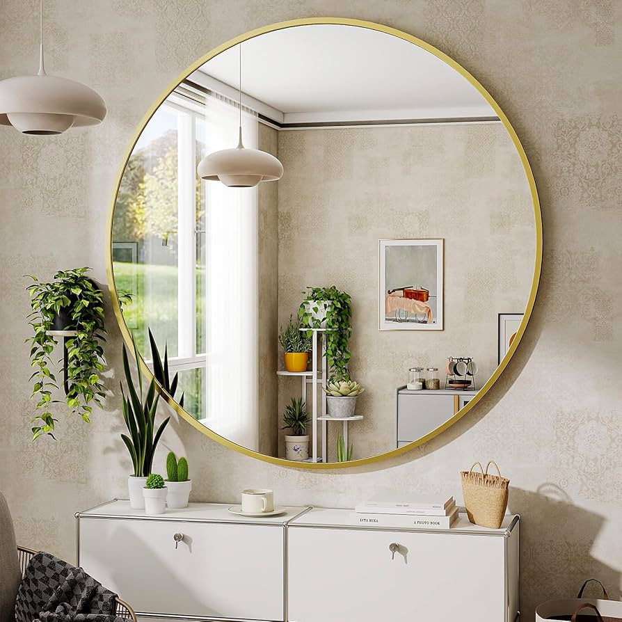 BEAUTYPEAK 24 Inch Round Mirror, Metal Frame Circle Mirror, Wall Mounted for Entryway, Bathroom, ... | Amazon (US)