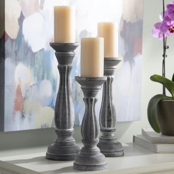 Gray 3 Piece Pillar Wood Candlestick Set | Wayfair North America