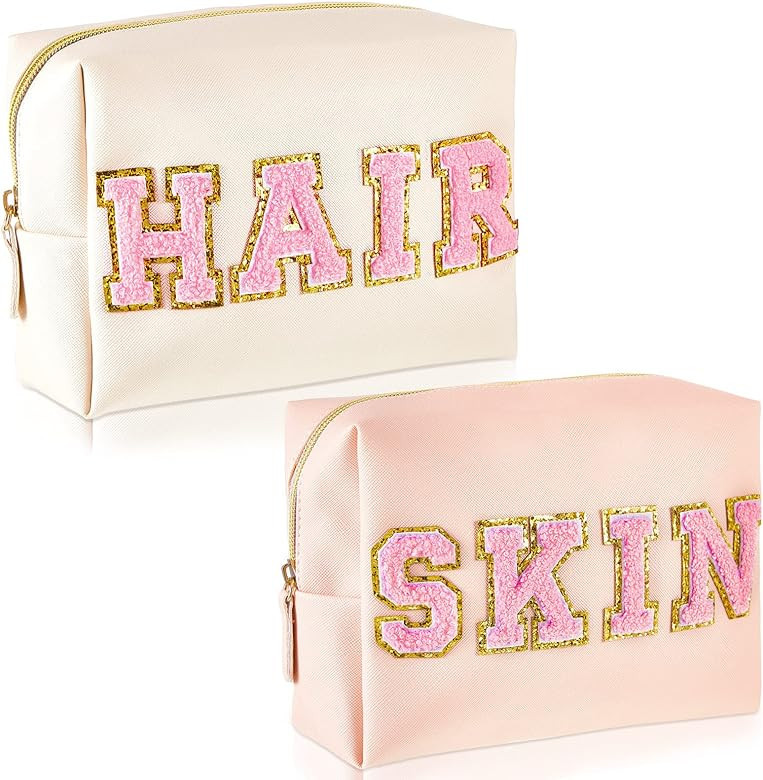 2 Pcs Preppy Patch Makeup Bag Chenille Letter Cosmetic Bag PU Leather Waterproof Toiletry Bag Por... | Amazon (US)