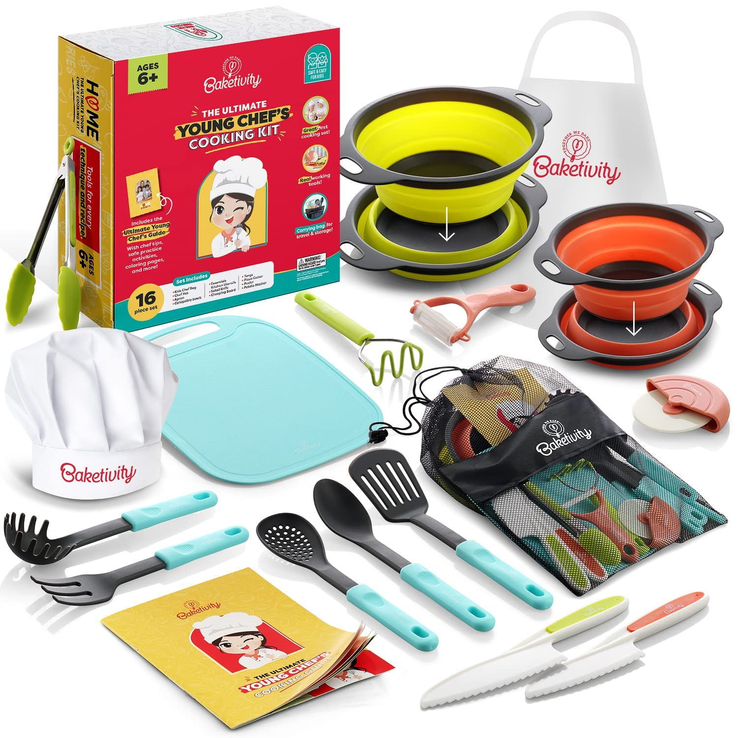 Baketivity Kids Cooking Set Real Utensils With Kitchen Tool Guide - Complete Junior Cooking Set G... | Amazon (US)