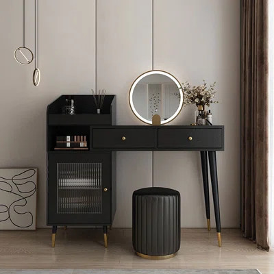 39.37"Black Minimalist Solid Wood Vanity With Chest Of Drawers & Stool & Mirror | Wayfair North America