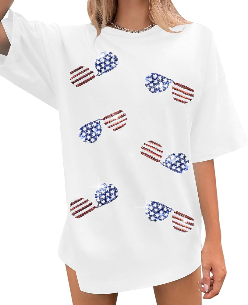 Sequin American Flag Shirt Patriotic Shirts Women 4th of July Outfits Flag Glasses Graphic Short ... | Amazon (US)