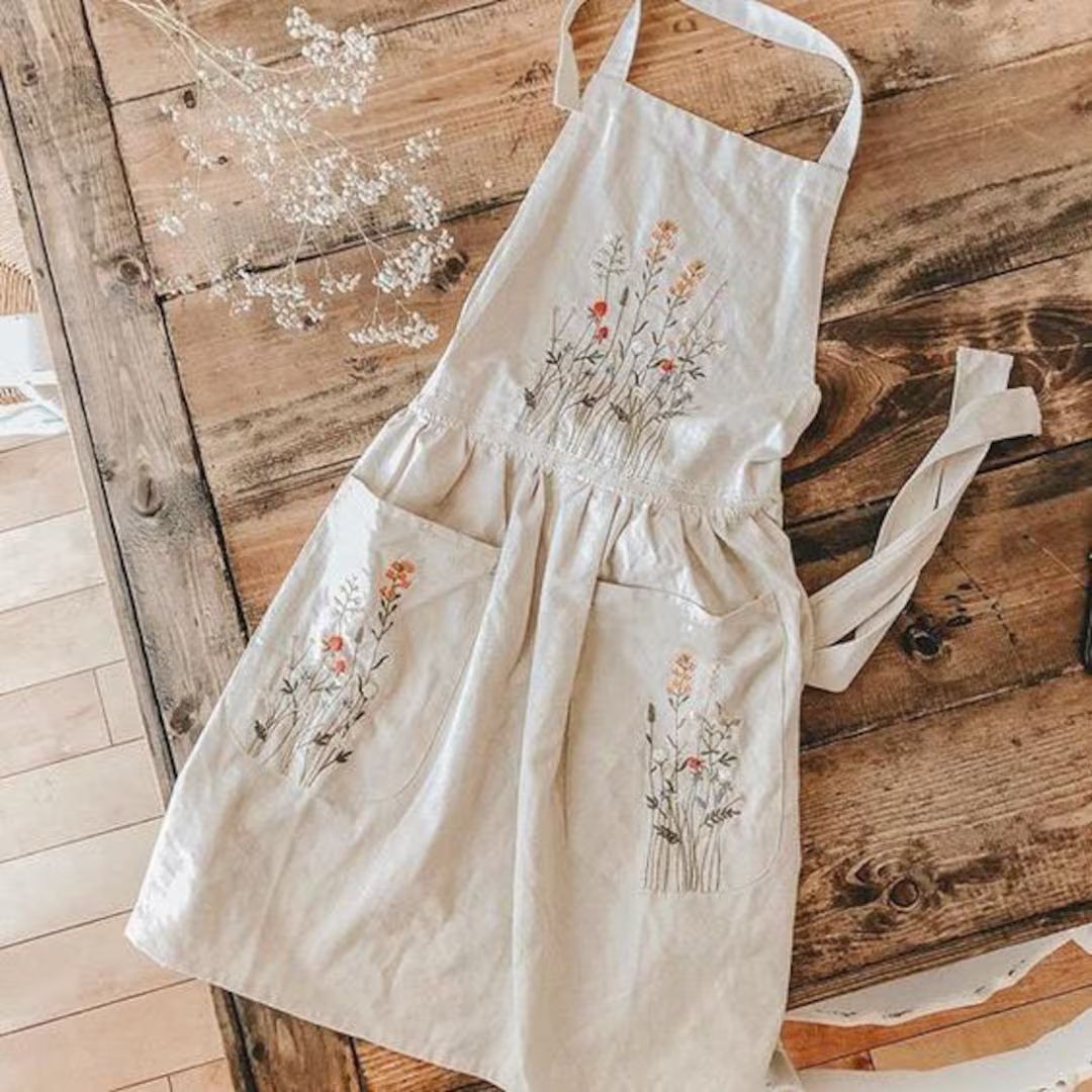 Natural Embroidered Floral Apron With Lace Trim, Hand Embroidered Apron, Kitchen, Cooking, Floris... | Etsy (US)