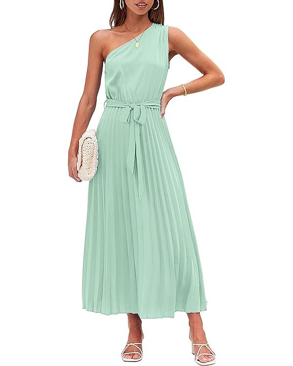 MEROKEETY Womens 2024 One Shoulder Sleeveless Pleated Tie Waist A Line Flowy Party Maxi Dress | Amazon (US)