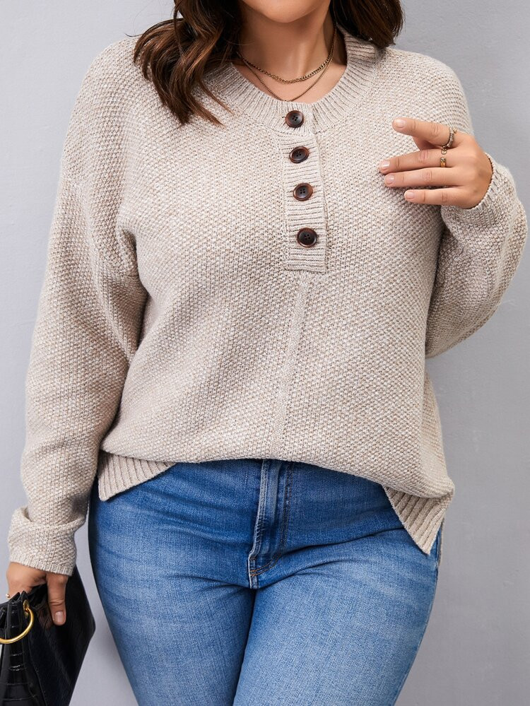 Plus Drop Shoulder Half Button Sweater | SHEIN