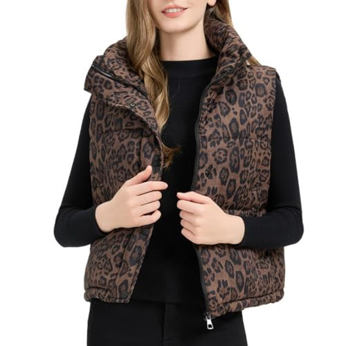 Lvpier puffer vests for women leopard print stand collar sleeveless fluffy puffer quilted jackets with pockets winter outwear (Brown,XX-Large) | Amazon (US)