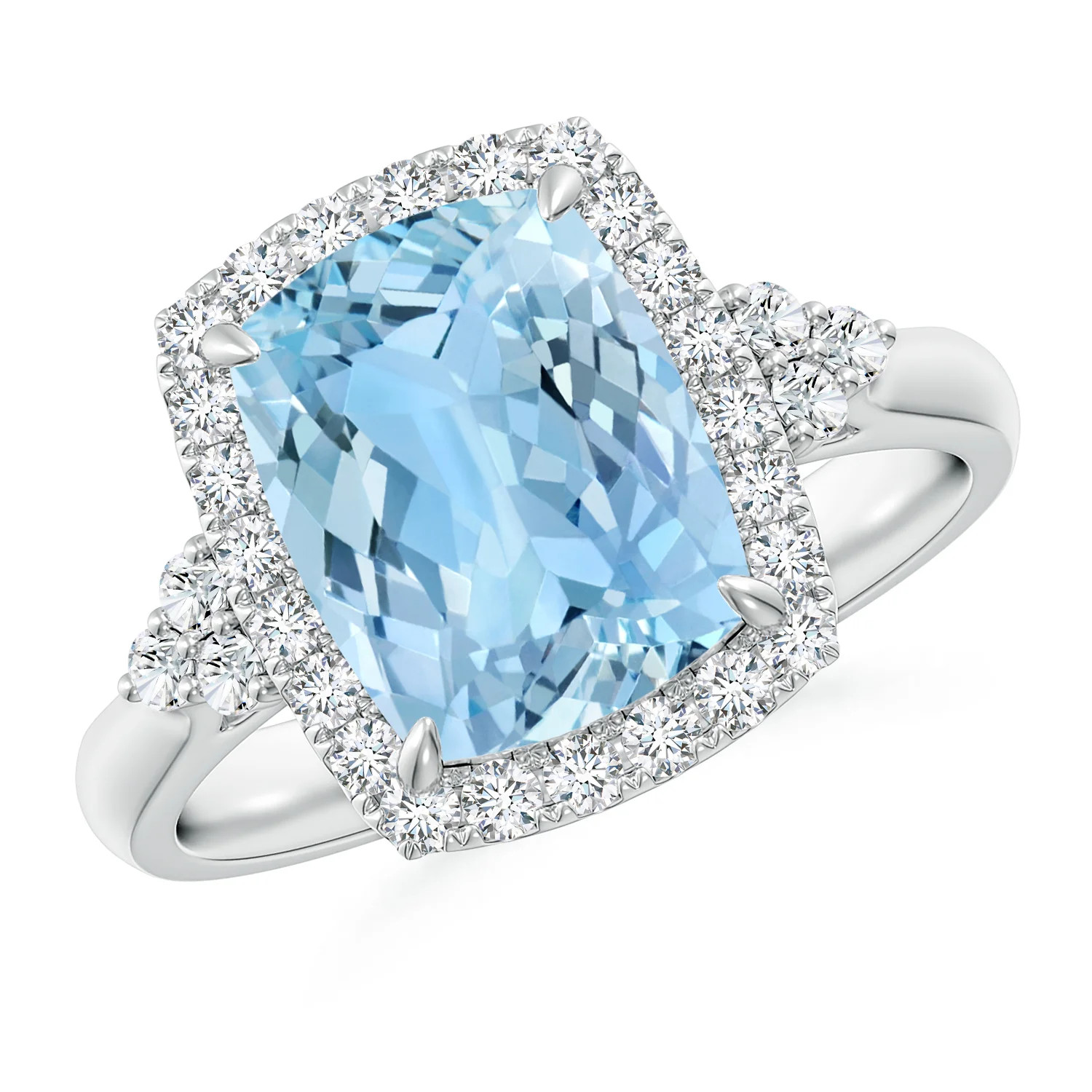 Cushion Aquamarine Halo Ring with Trio Diamonds | Angara | Angara US