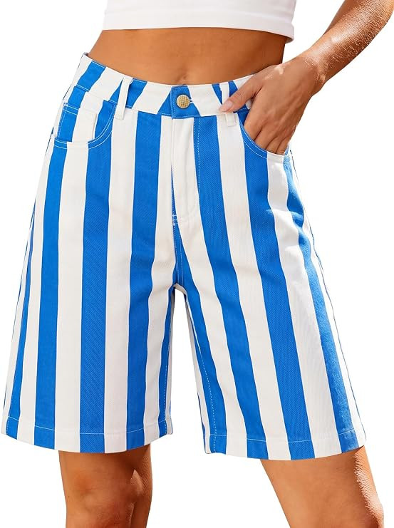 Tankaneo Womens Striped Bermuda Jean Shorts Summer Casual Trendy High Waisted Wide Leg Denim Jort... | Amazon (US)