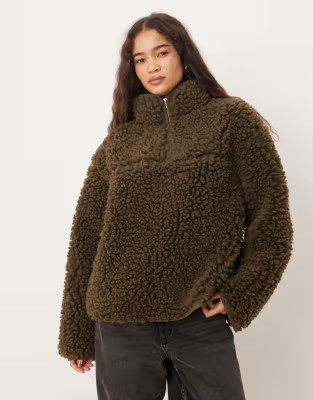 ASOS DESIGN high pile teddy zip up fleece in khaki green | ASOS | ASOS (Global)
