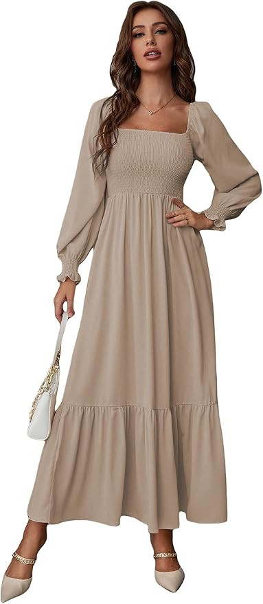 WDIRARA Women's Square Neck Flounce Shirred Ruffle Hem Elegant Long Sleeve Maxi Dress | Amazon (US)