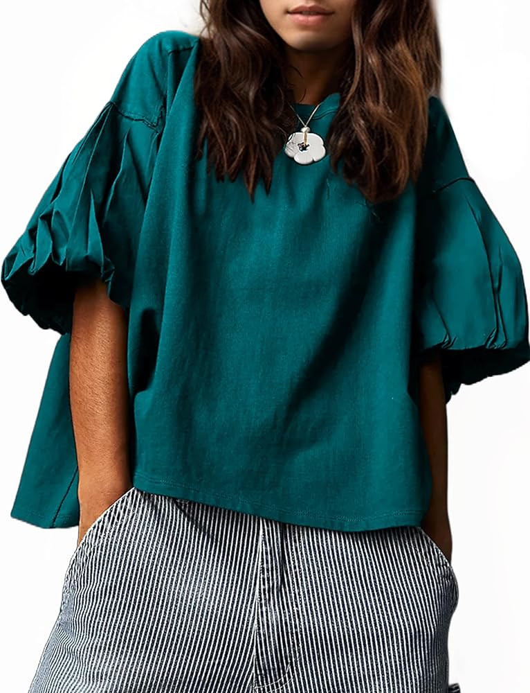Women's Boxy Tee Shirts Oversized Summer Puff Short Sleeve Crewneck Drop Shoulder Dressy Casual L... | Amazon (US)