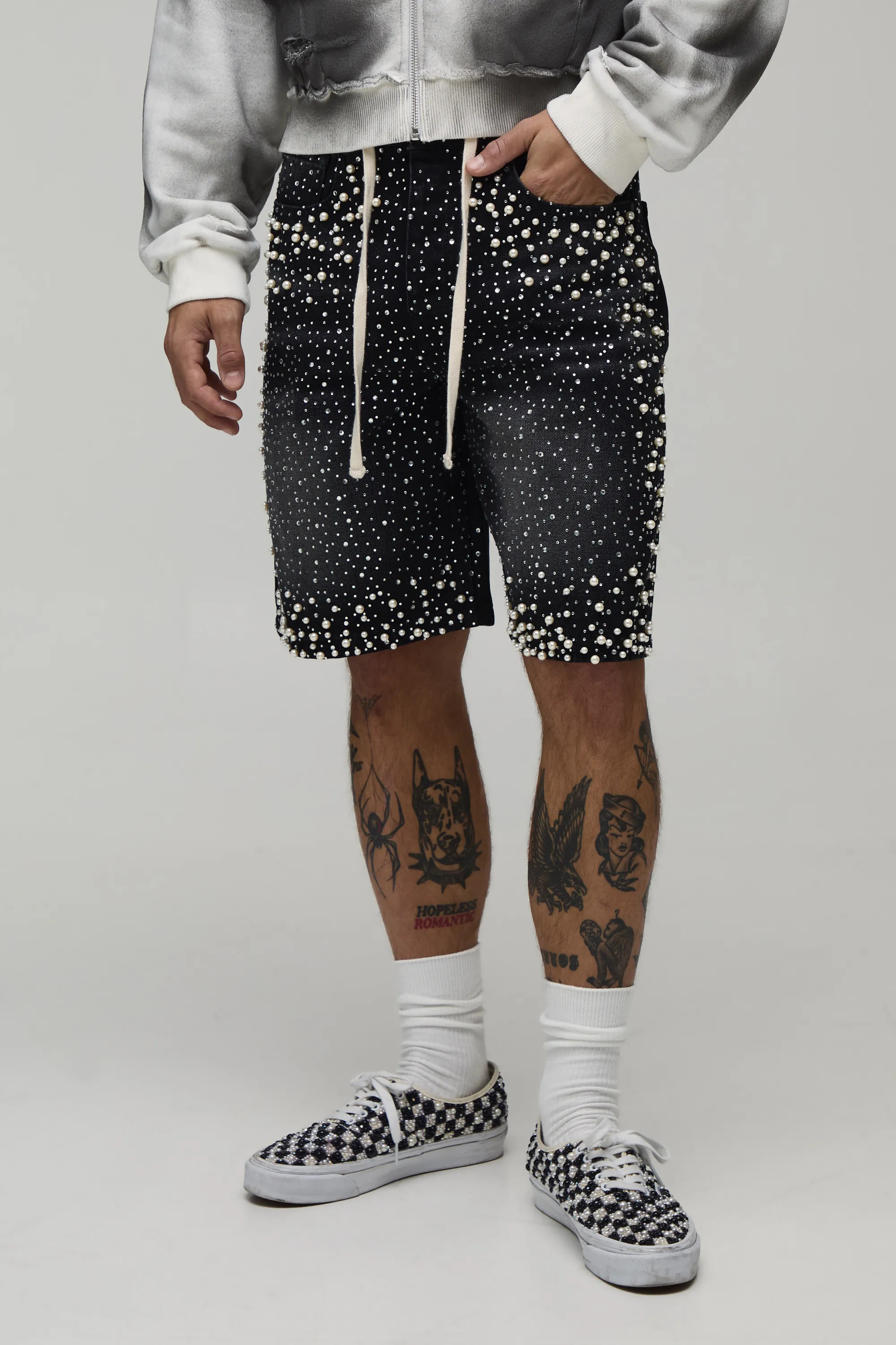 Washed Black Relaxed Rhinestone Extended Drawcord Denim Shorts | BOOHOOMAN USA | boohooMAN (US & Canada)
