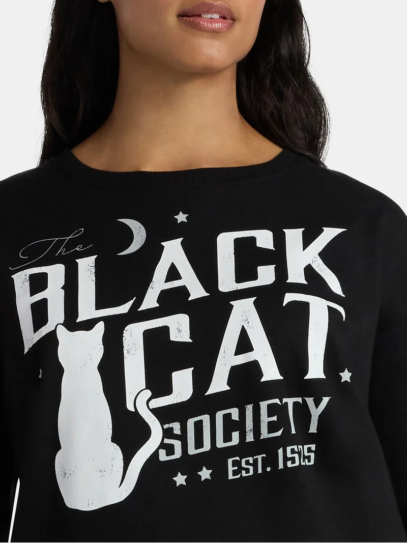 Women's Halloween Black Cat Society Graphic Fleece Sweatshirt from Way to Celebrate, Sizes S-XXXL | Walmart (US)