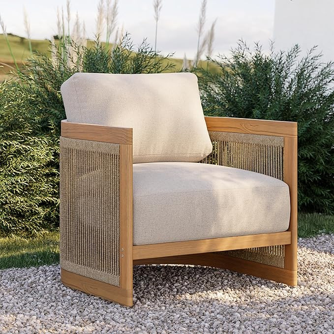 Amazon.com : homary Teak Outdoor Chair, Rope Woven Patio Lounge Chair with All-Weather Cushions, ... | Amazon (US)
