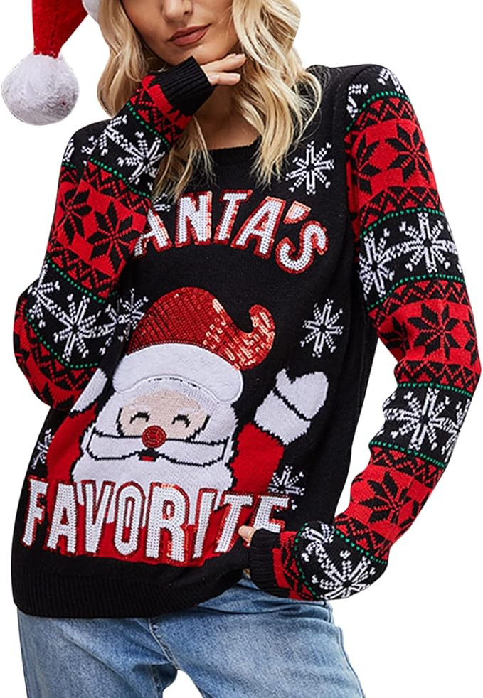 IFFEI Womens Ugly Christmas Sweater Novelty Print Crew Neck Sweater | Amazon (US)