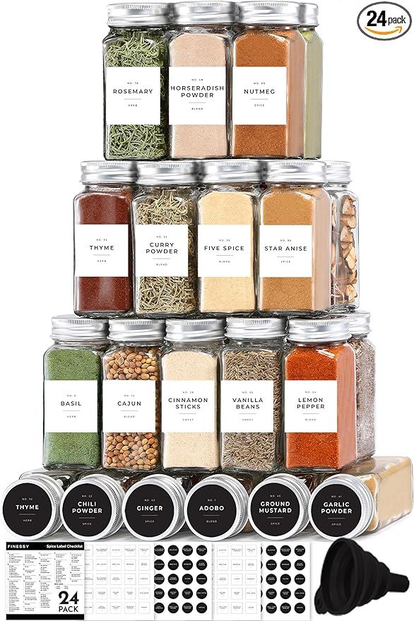 Glass Spice Jars with Label and Organizer - Minimalist Collection - Clear Empty 4 oz Spice Jars w... | Amazon (US)