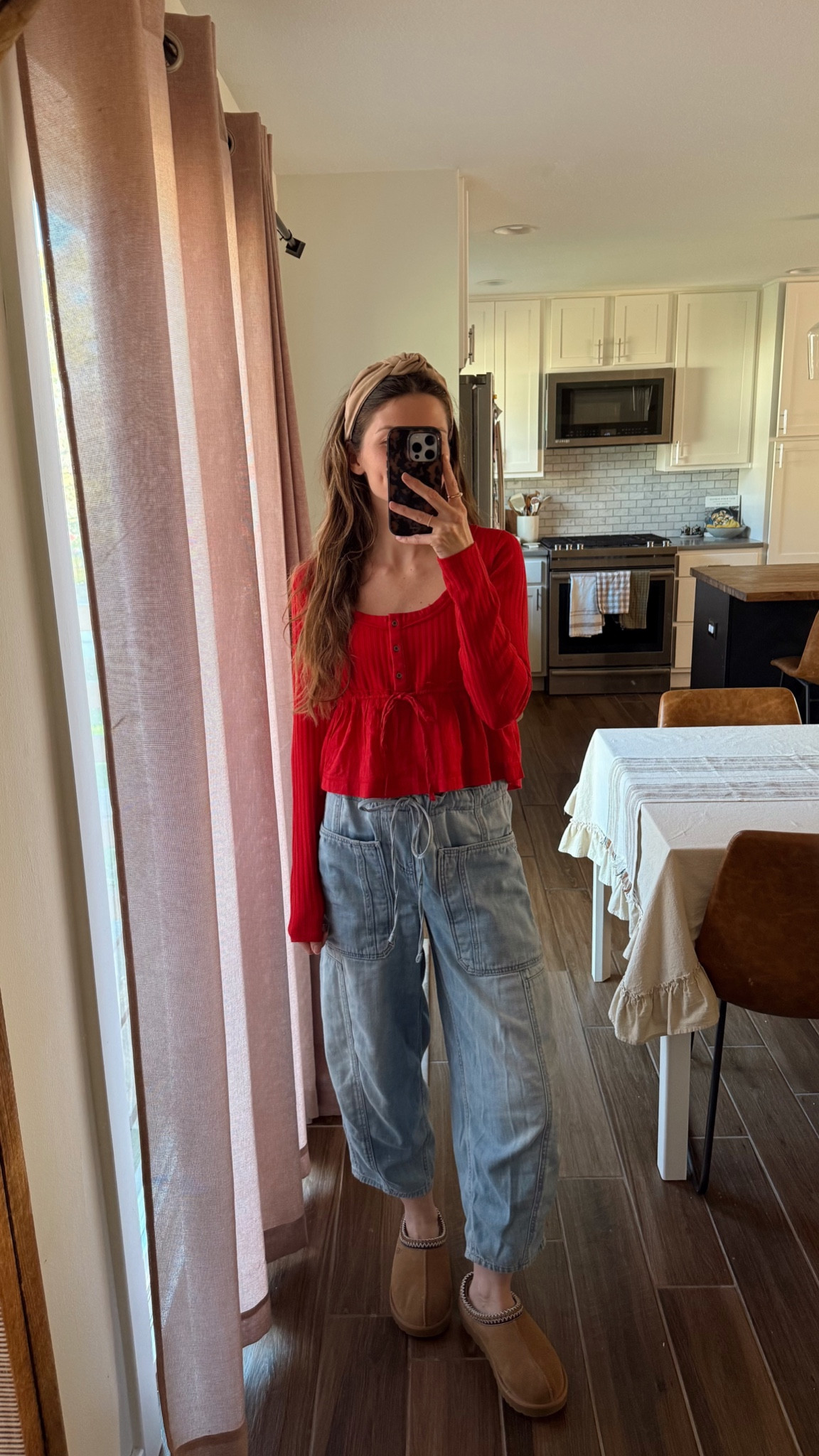 wearing a small in top - adorable fit and currently on sale! so cute for the holidays! 
wearing xs in pants, some of my favorites! 
favorite slippers! tts and back in stock  

Fall outfit, casual outfit, mom outfit, red top 

#LTKHoliday #LTKSeasonal