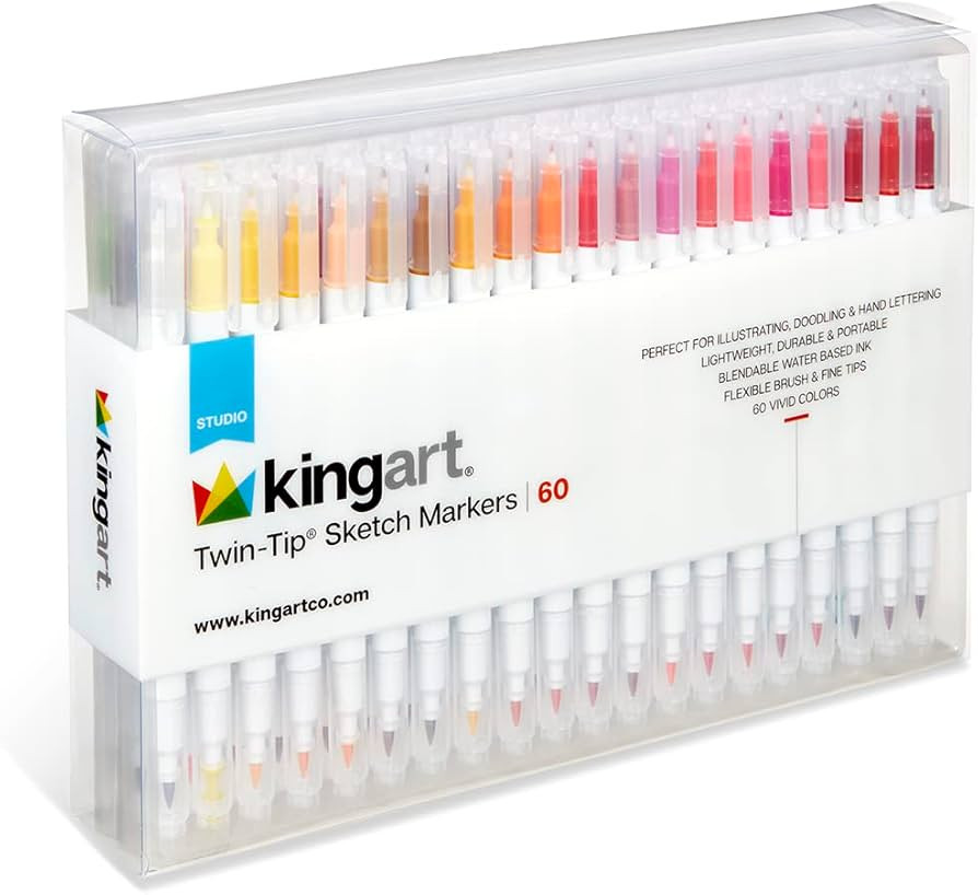 KINGART 415-60 60 pc. Dual Twin-Tip Sketch Markers, Fine Tip & Brush Tip Pens, Water-Based Ink fo... | Amazon (US)
