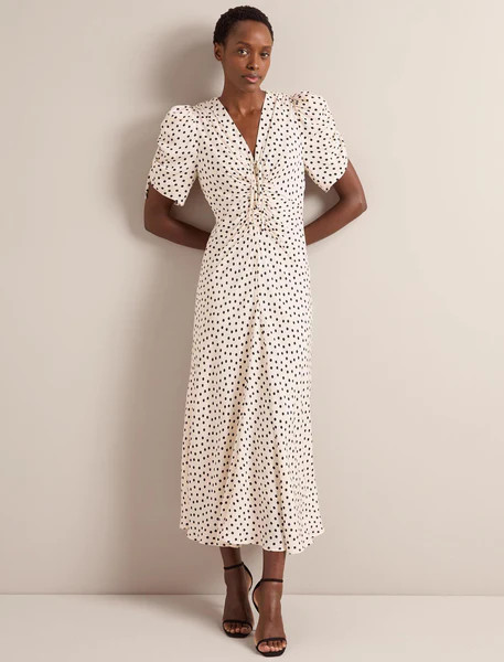 Ophelia Bias Cut Maxi Dress - Ecru Black Polka Dot Print | Cefinn