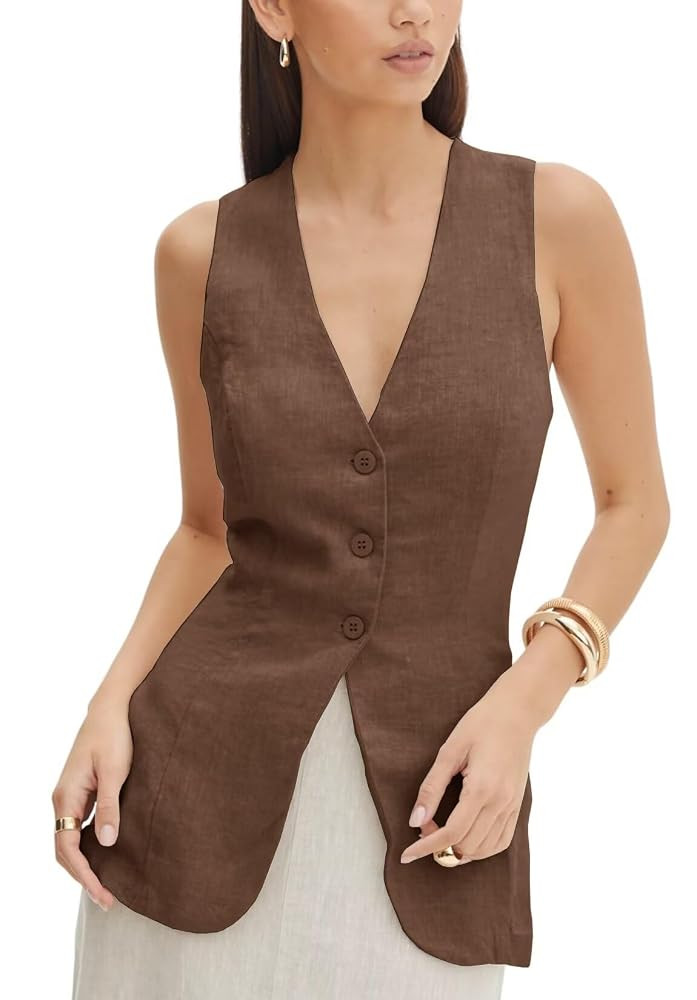 Women's Summer Linen Vest Sleeveless 3 Button V Neck Casual Beach Waistcoat | Amazon (US)