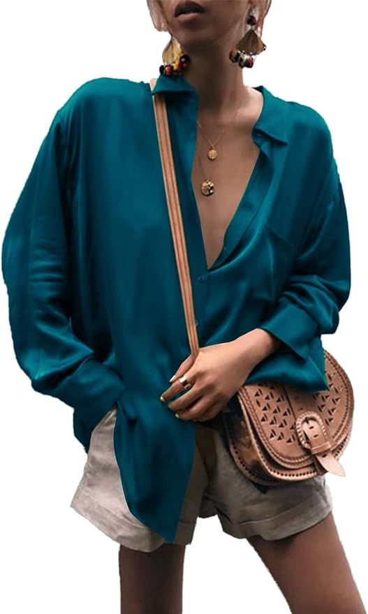 LYANER Women's Satin Collar Neck Button Down Long Sleeve Blouse Shirt Tunic Top | Amazon (US)