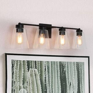 Modern Bell Bathroom vanity Light Firefly 29 in. 4-Light Matte Black Cylinder Wall Sconce Light w... | The Home Depot