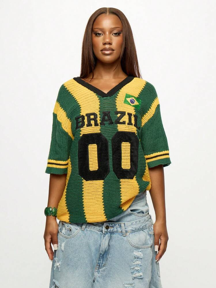 SUMWON Plus Size Chunky Knit Brazil Flag Inspired V Neck Short Sleeve Jersey Top With Number Print Football Fan Casual Wear | SHEIN