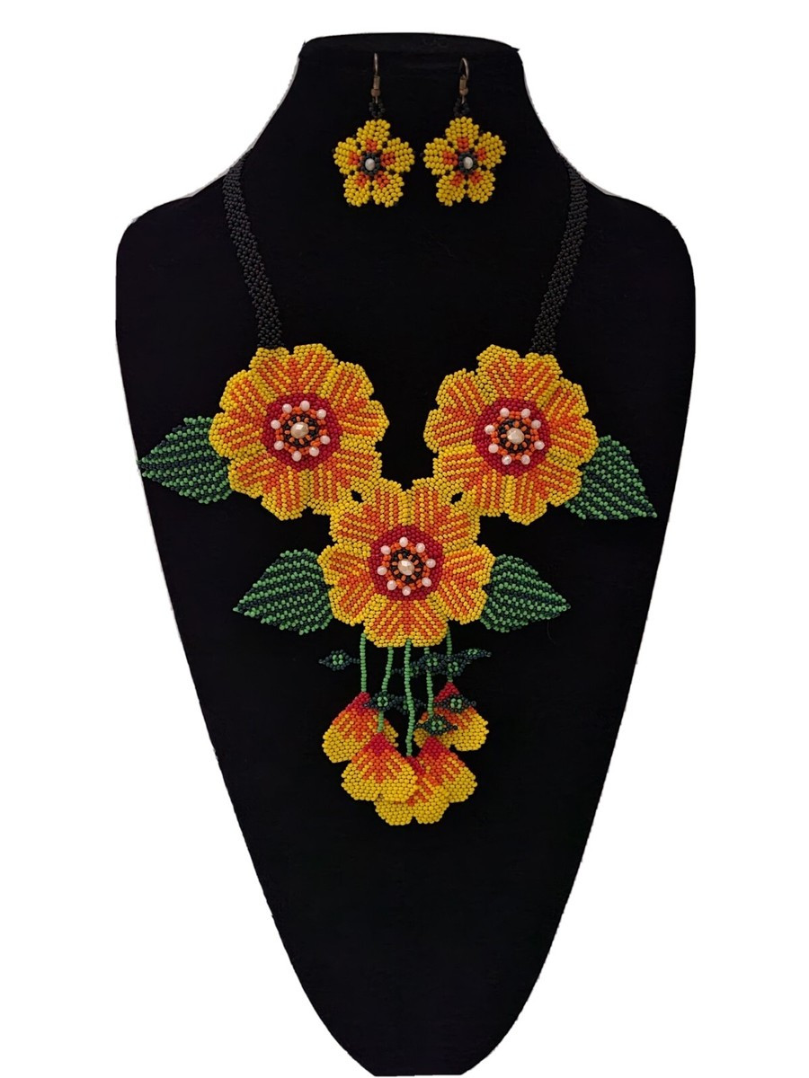 huichol beads,2 pcs mexican women's necklace big flowers set,  chaquira beaded | eBay US