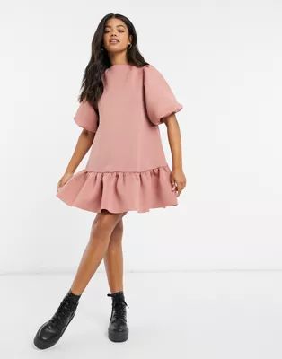 ASOS DESIGN mini scuba puff sleeve dress with frill hem in rose | ASOS (Global)