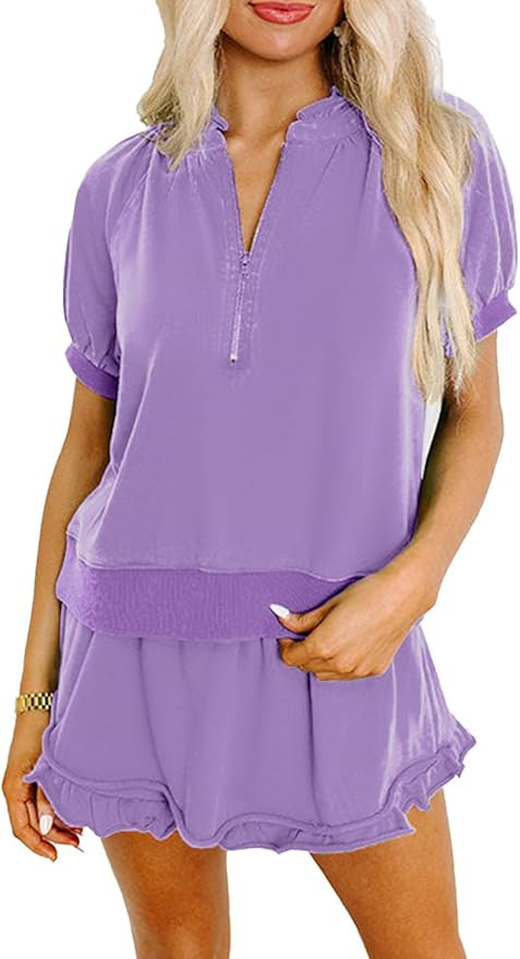 KevaMolly Women's 2 Piece Lounge Sets Casual Short Sleeve Outfits Half Zip Puff Sleeve Top and Ru... | Amazon (US)