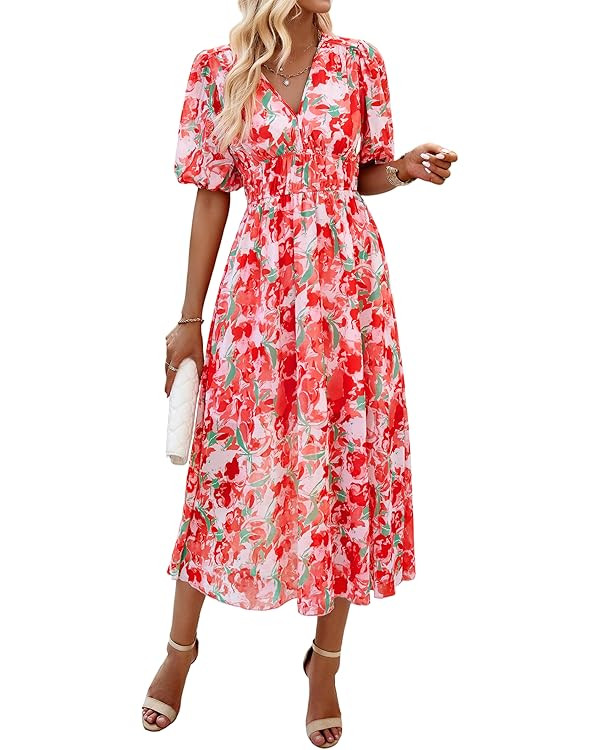Womens Flowy Smocked Elastic Waist Short Sleeve V Neck Floral Midi Dress Casual Spring Summer Sun... | Amazon (US)