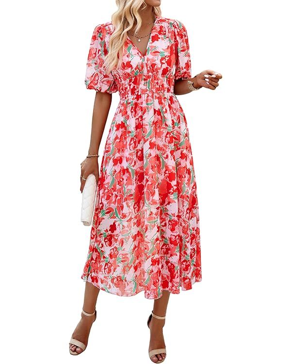 UEAL Womens Flowy Smocked Elastic Waist Short Sleeve V Neck Floral Midi Dress Casual Spring Summe... | Amazon (US)