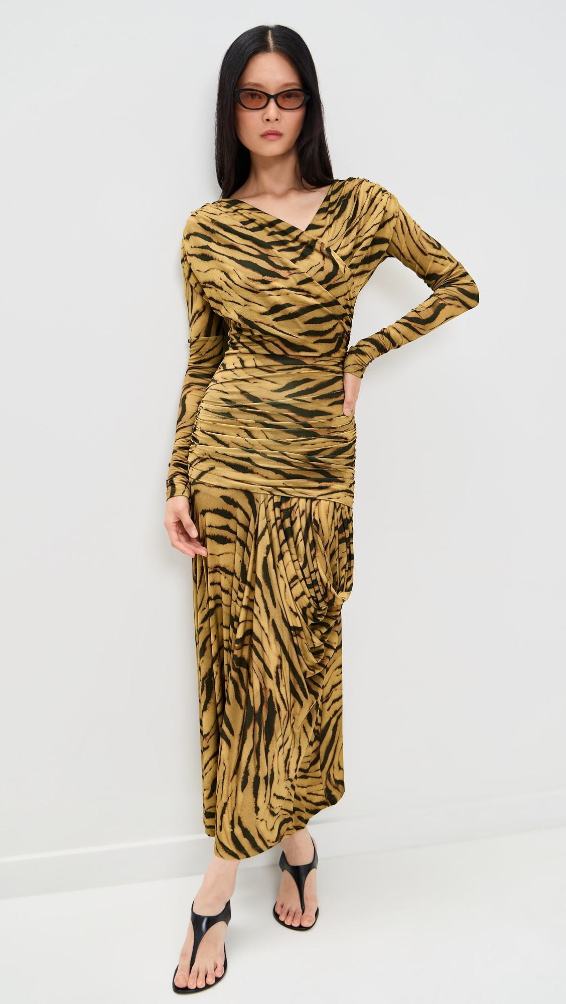 Printed Shiny Jersey Ruched Long Dress | Shopbop